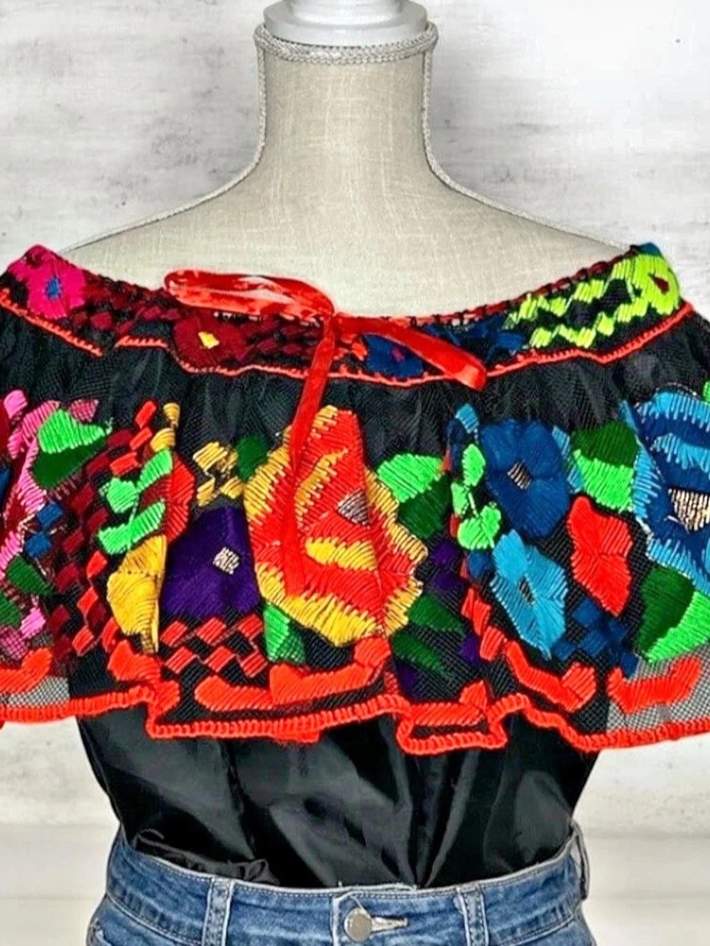 Vintage Traditional Chiapas Floral Embroidered Top - Mexican Folk Art Black Mesh